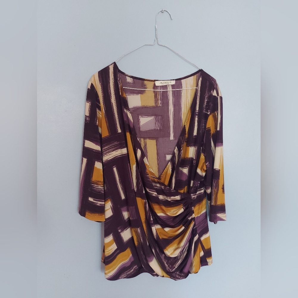 Purple and Gold Ruched Graphic Blouse with 3/4 Sleeves